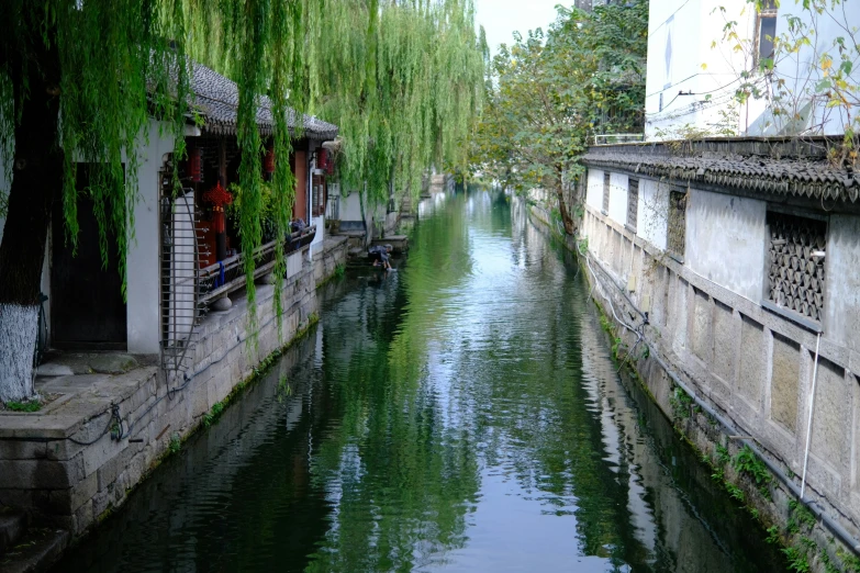 a river is surrounded by stone buildings, trees and a willow