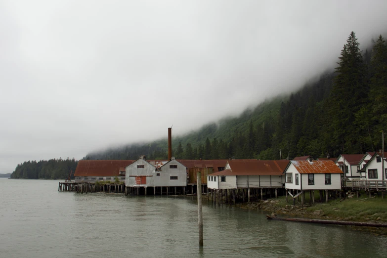 two boats are docked near houses on the water