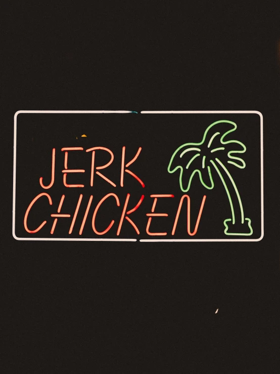 a neon sign with the words jeff chicken on it