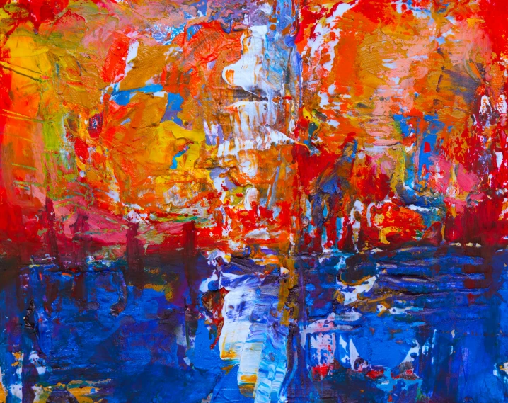 painting, with multiple shades of orange blue and red