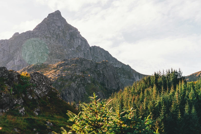 the mountains are covered with green trees on a cloudy day