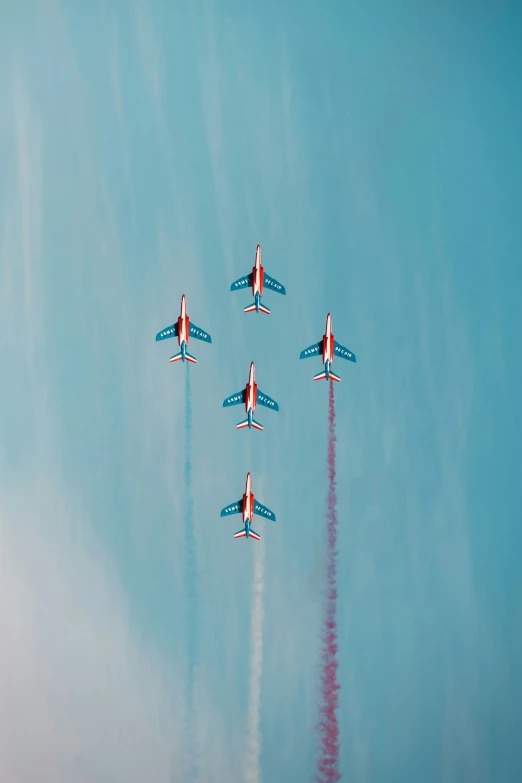 a formation of jets flying in the sky above water