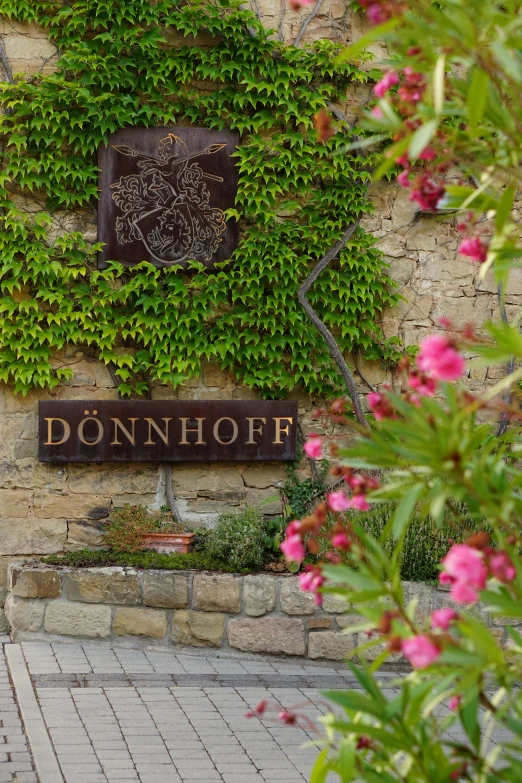 a stone wall is surrounded by flowers and vines