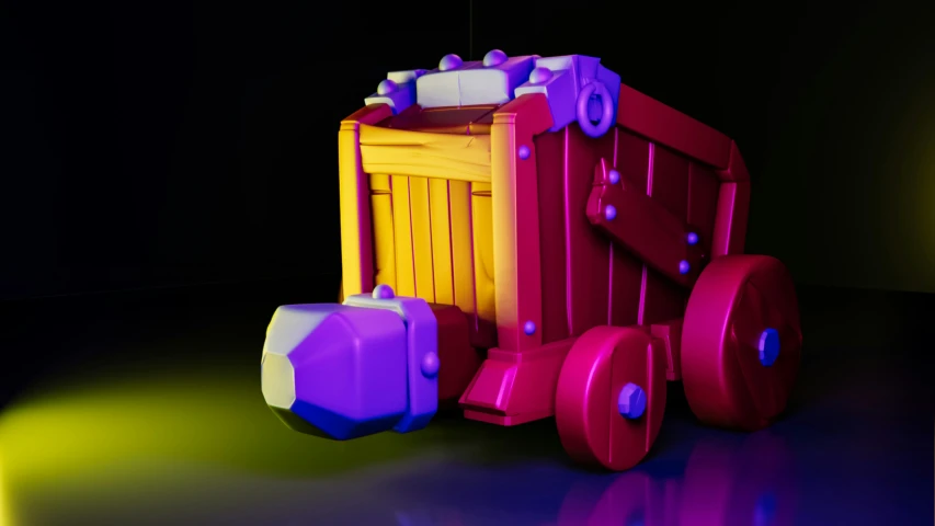 a colorful plastic toy truck sitting on top of a black surface