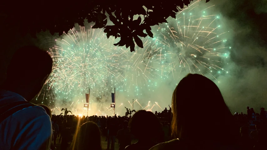 people watching fireworks on a nighttime sky