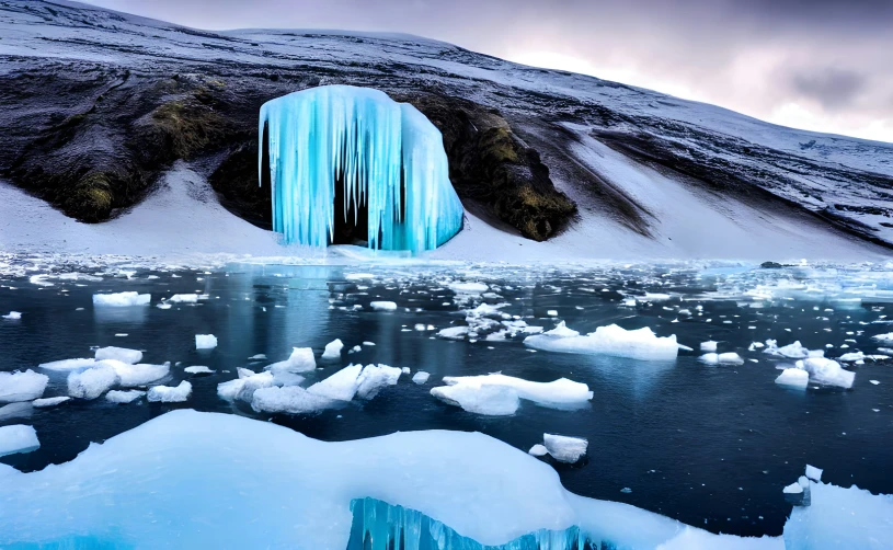 a icy waterfall in the arctic surrounded by snow