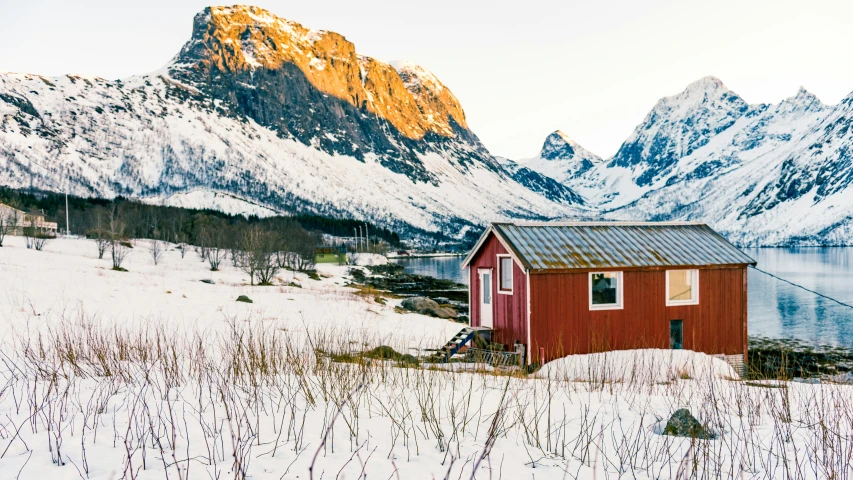 a small red shed in the middle of winter