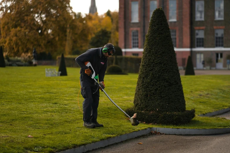 the man is in a park with his dog and mower