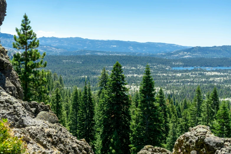 the view over the trees, mountains and a river from an overlook point