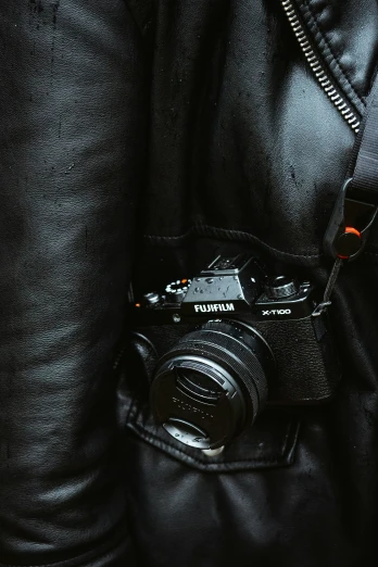 a camera attached to the pocket of a jacket