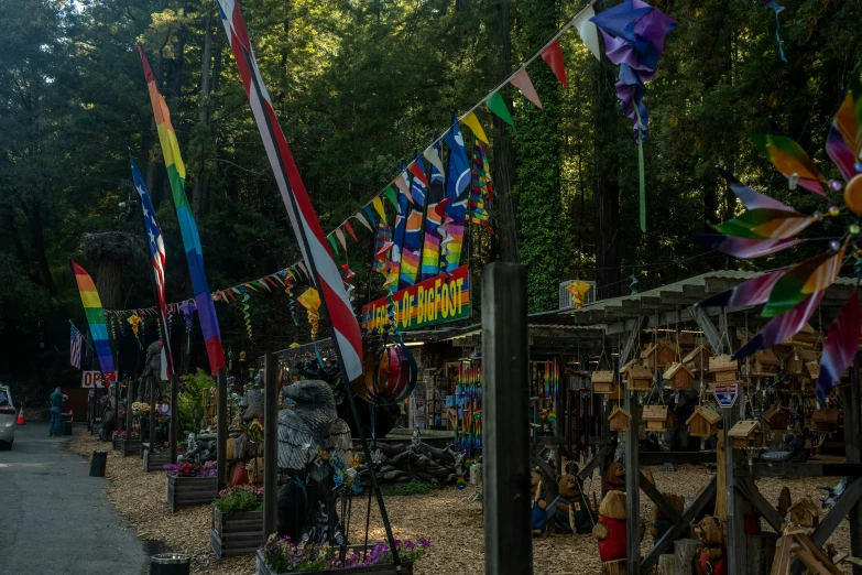 many colorful ribbons and wind flags outside