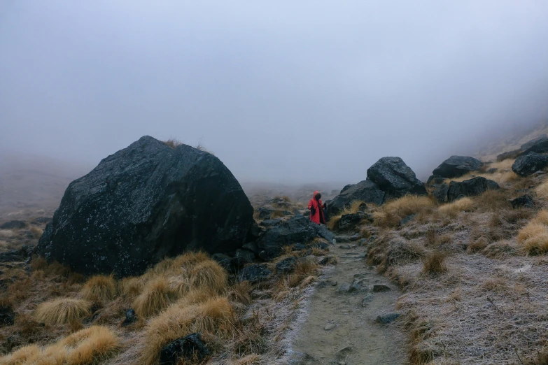 two people walking along the trail in the fog