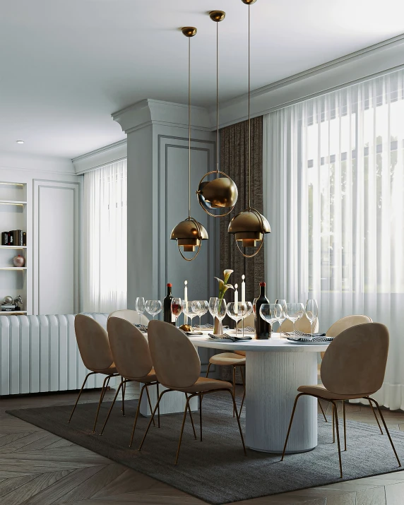 a very fancy dining room with all white decor