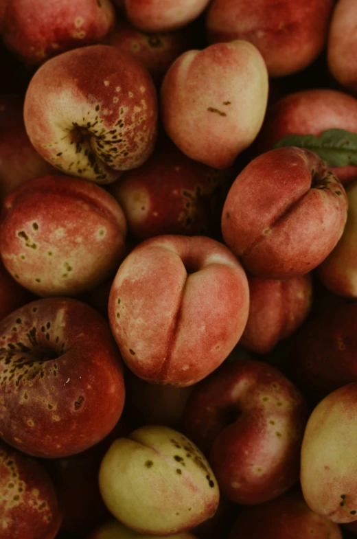 a pile of apples with dirt on them