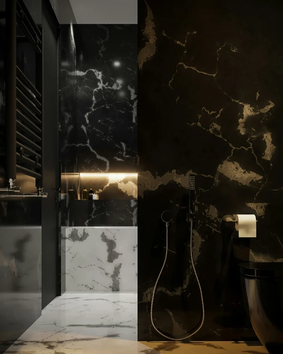 a dark, stylish bathroom with an acoustic device hanging from the wall