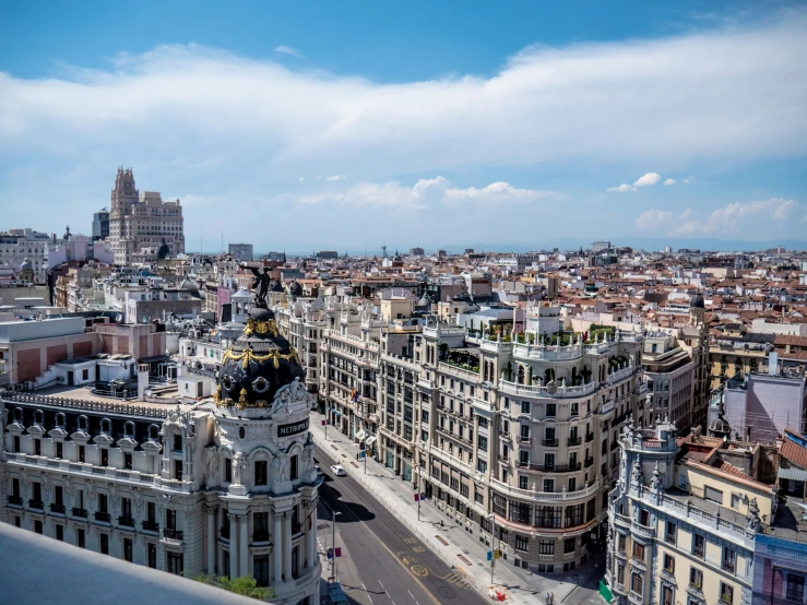 the skyline is seen from above a city