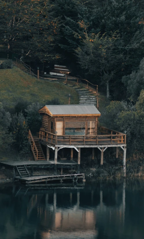 a cabin on the shore near a body of water