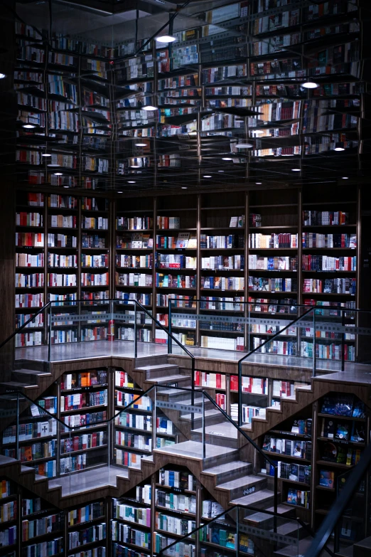 rows of books on shelves in the liry