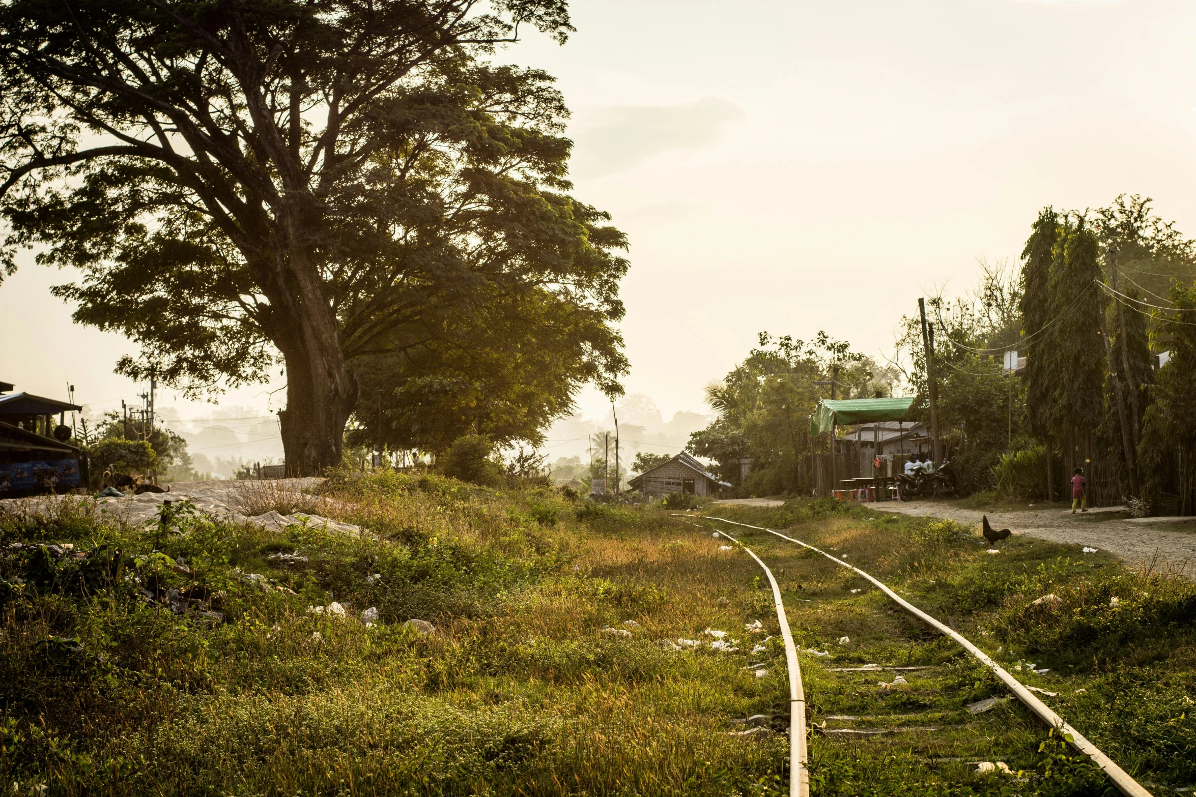 the view of railroad tracks, some trees and people