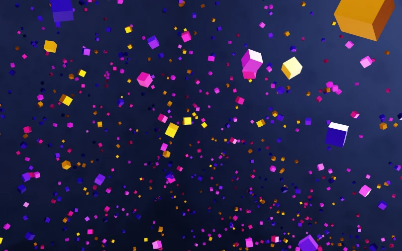 a colorful blue background with many small shapes on the left side