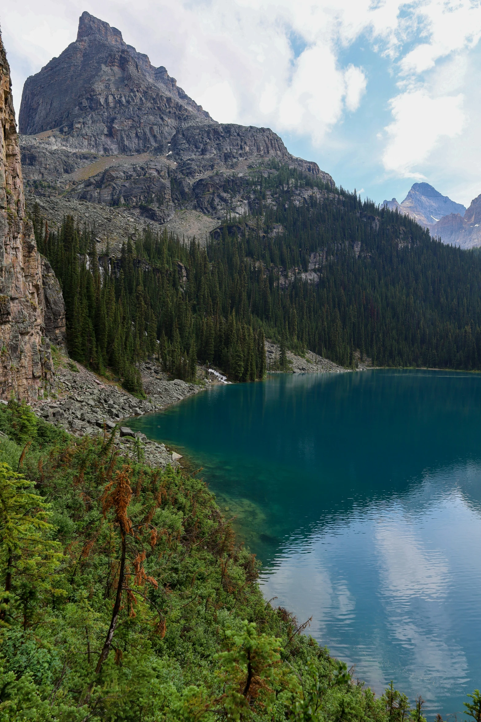 a beautiful alpine scenery features blue water and evergreens