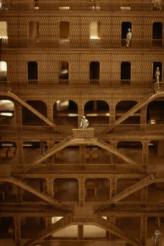 the interior of an ancient building, decorated in a brown color