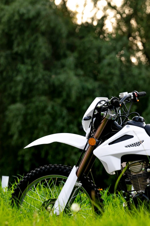 a white bike sitting in the grass