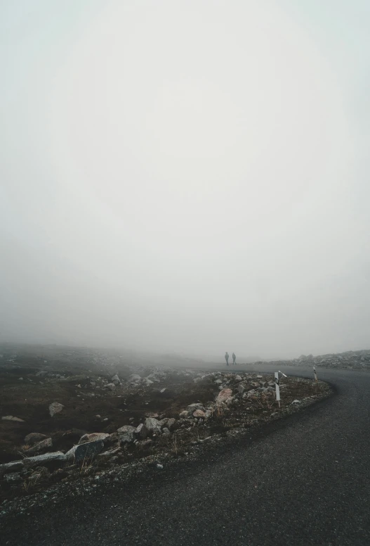 people are walking down a long road in the fog