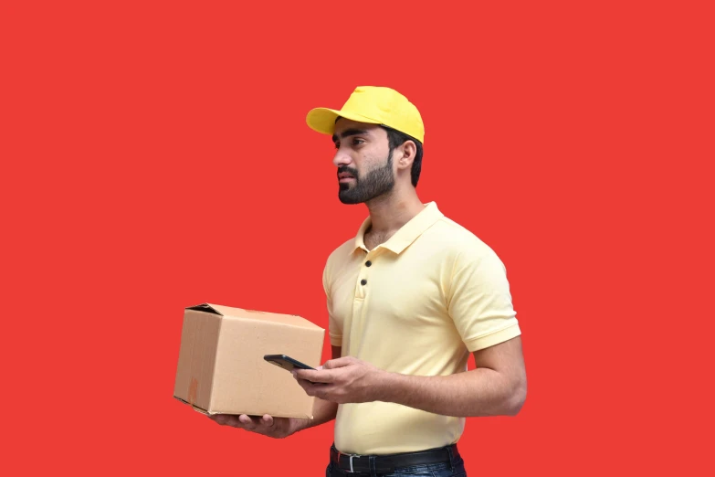 a man wearing a yellow hat and holding a box