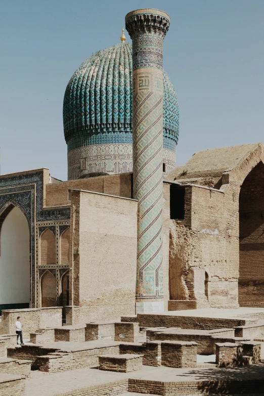 the blue, green and red domed building is a mosque in uzbekistan