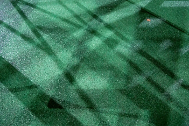 shadows cast onto the green carpet in the room