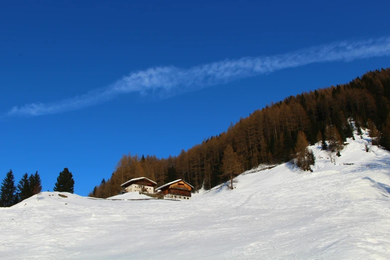 a house in the middle of snow and trees behind it