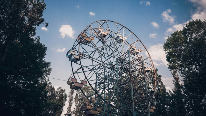 the ferris wheel is next to some trees