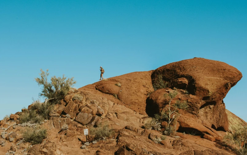 man on a mountain in the desert with trees growing on a rock