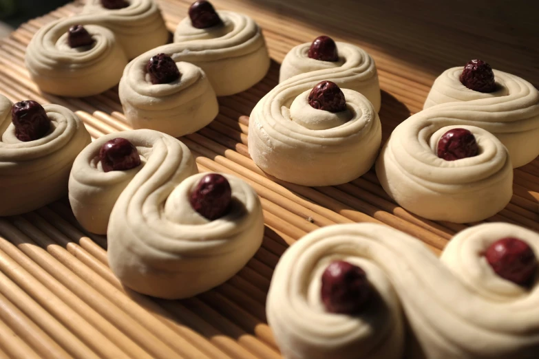 several pastries arranged on a table top