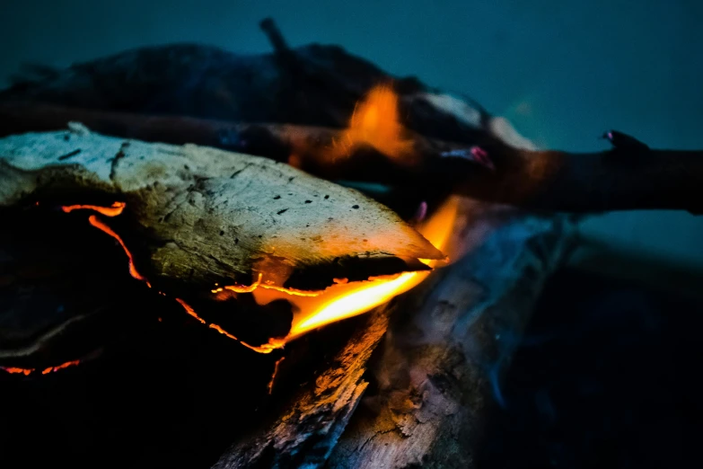 a lit fire next to a pile of logs