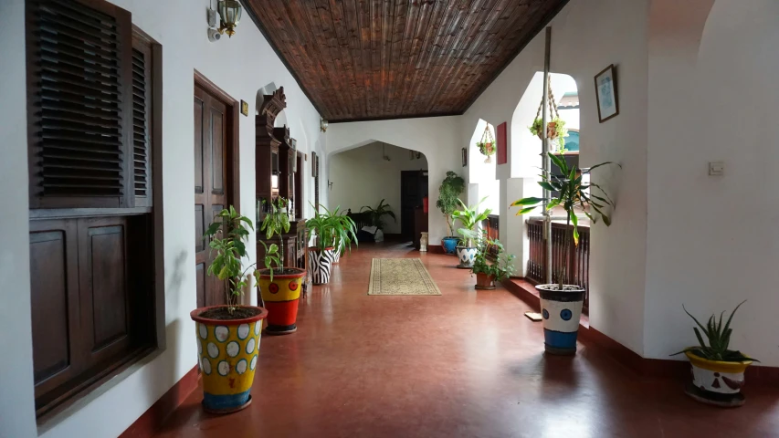 a long narrow corridor leading to some indoor greenery