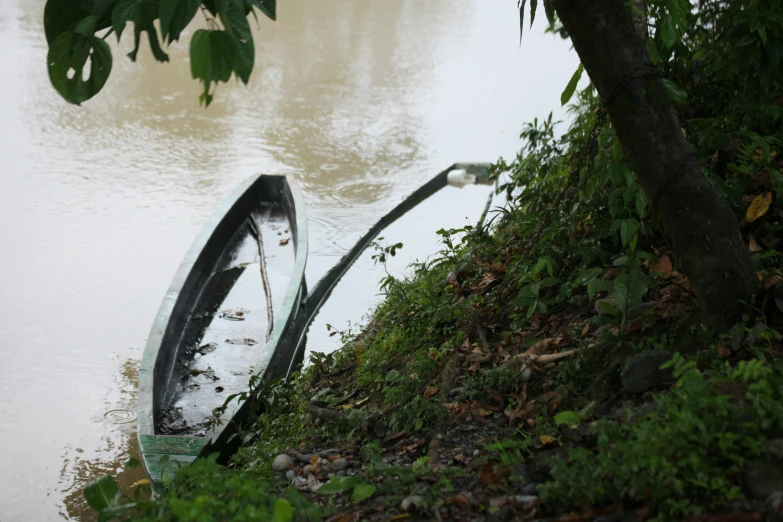 a small boat is on the shore of the water