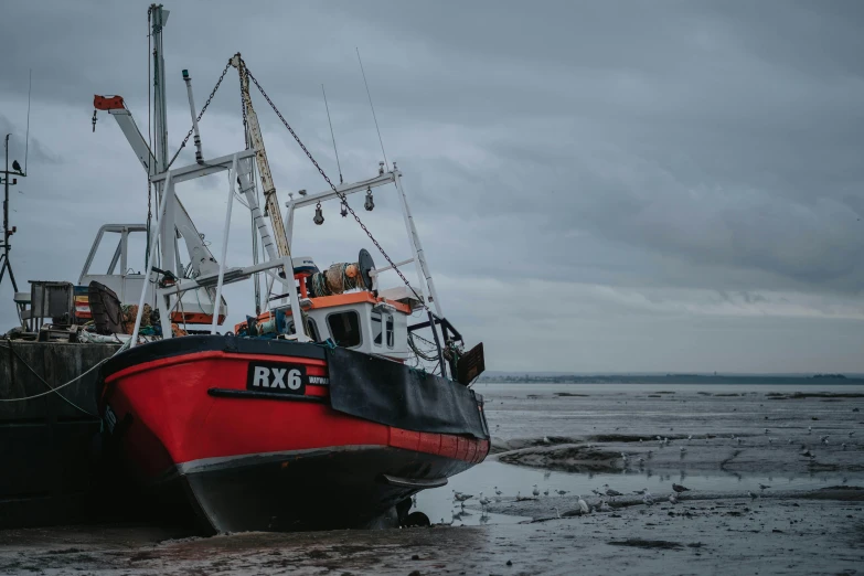 a fishing boat in mud sits on the shore