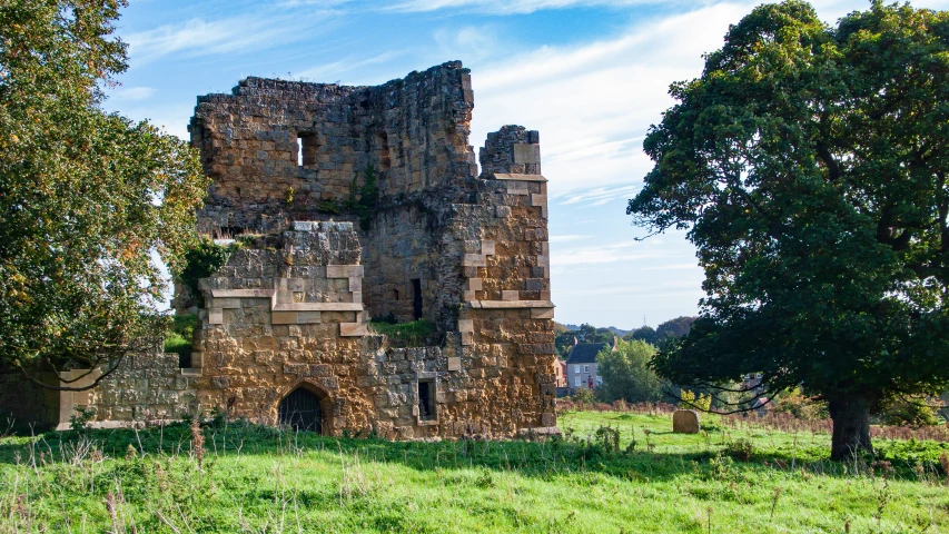 an old stone castle sitting in the middle of a lush green forest