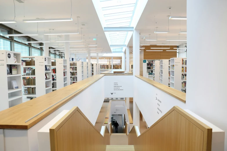 a long liry with several books lined up along the wall