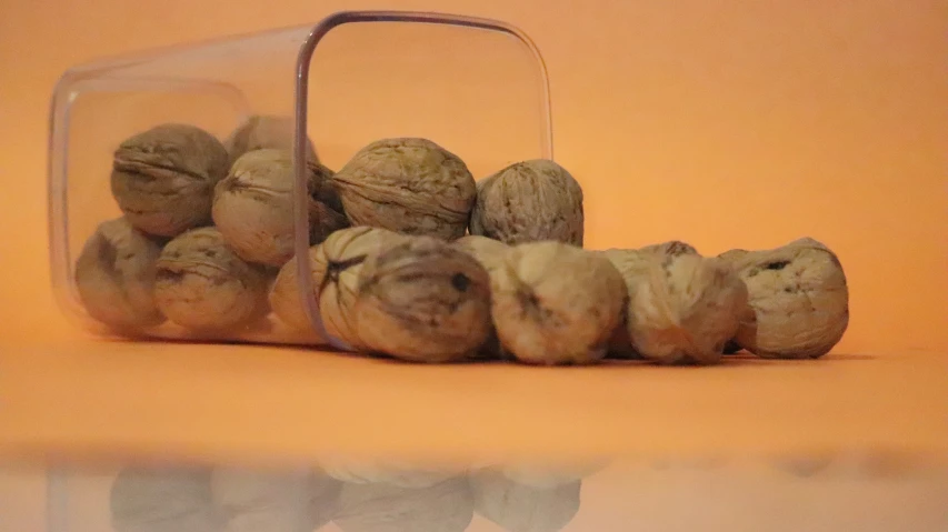 a plastic box holding nuts sitting on top of a counter