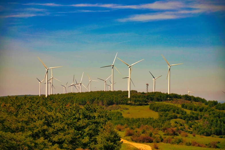 a wind farm is located in a lush green valley