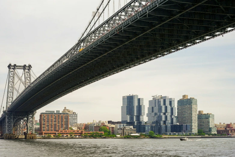 the view of a bridge and a river in front of the city