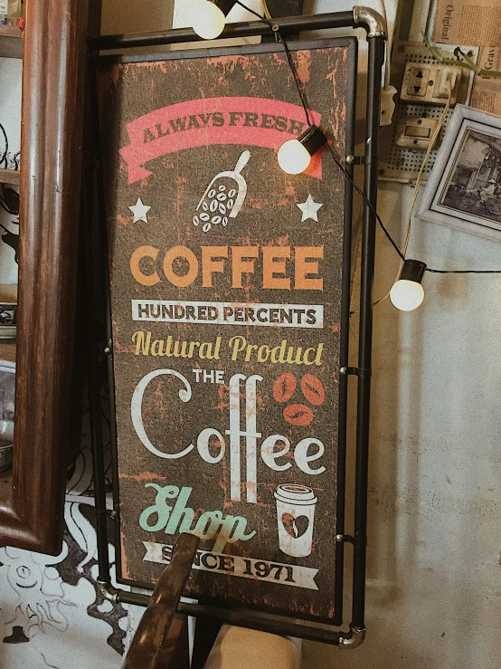 a coffee shop with a sign hanging off of it