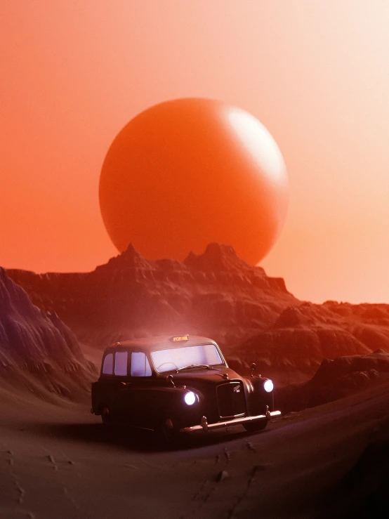 a car is driving on a desert in front of an orange light