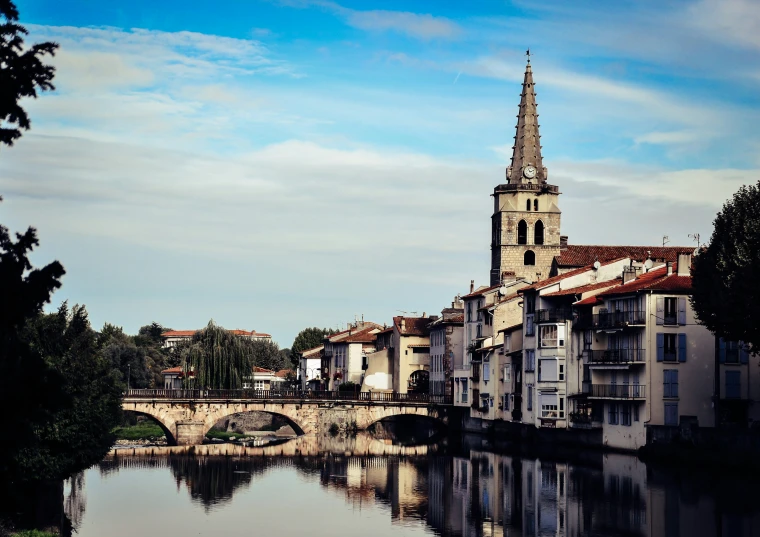 a bridge crosses over the water in a city