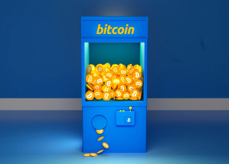 a blue money machine filled with gold coins