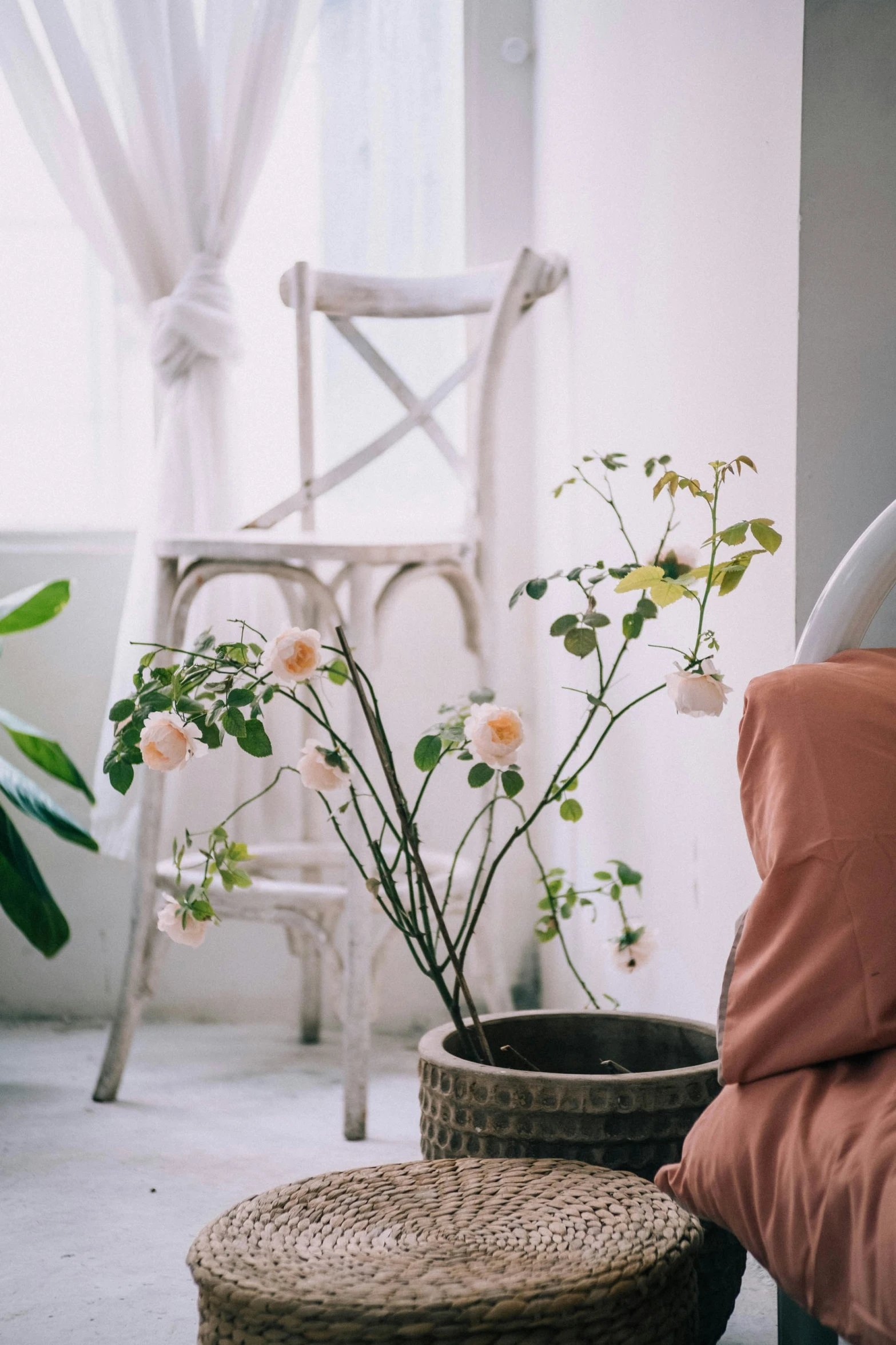 a chair with some flowers in it and some flowers in a basket