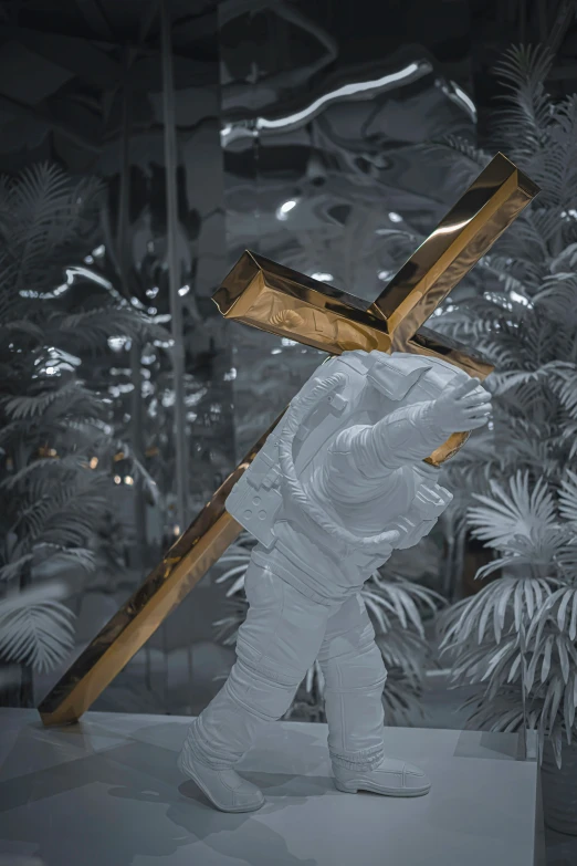 a 3d cut out of a man holding a cross